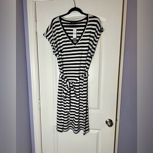 Lane Bryant Cap Sleeve Belted Dress, Black/White Stripe, Size 14-16, NWT